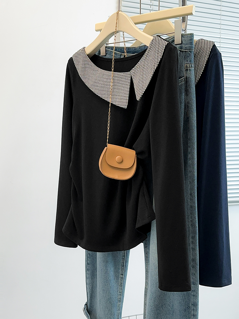 Plus Size Women’s Color-Block Curved Waist Slimming Long-Sleeve Top 2026 Fall New