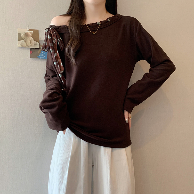 Plus Size Sweet Retro Off-Shoulder Lace-Up Long Sleeve Top 2026 Fall