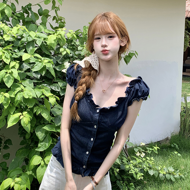 Sweet Cool Sexy Puff Sleeve Ruffle Waist-Slimming Summer Thin Denim Top