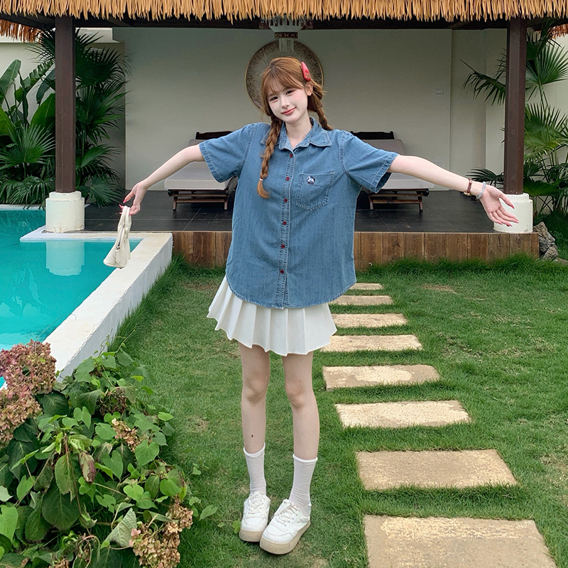 Women’s Summer Embroidered Color Block Denim Short Sleeve Shirt