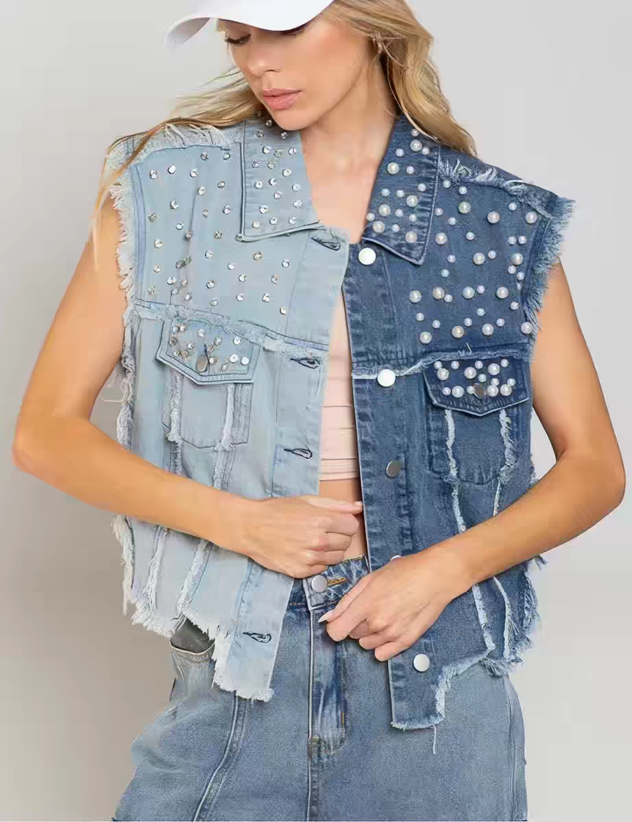Women's Color Block Denim Vest with Beaded Rhinestone Details