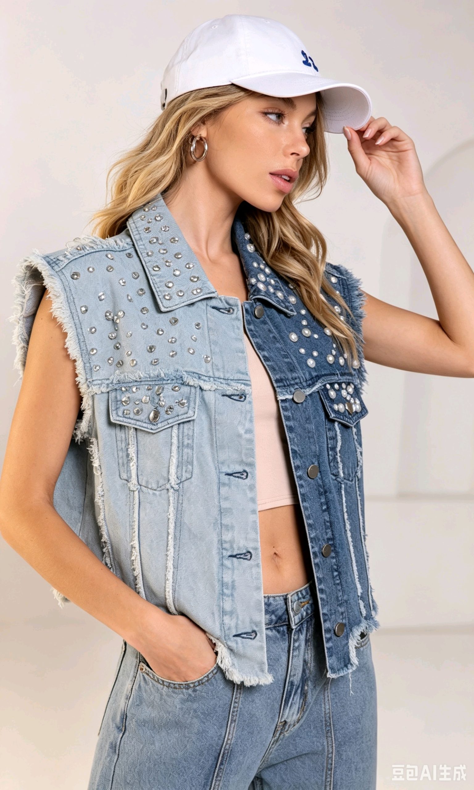 Women’s Color Block Denim Vest with Beaded Rhinestone Details