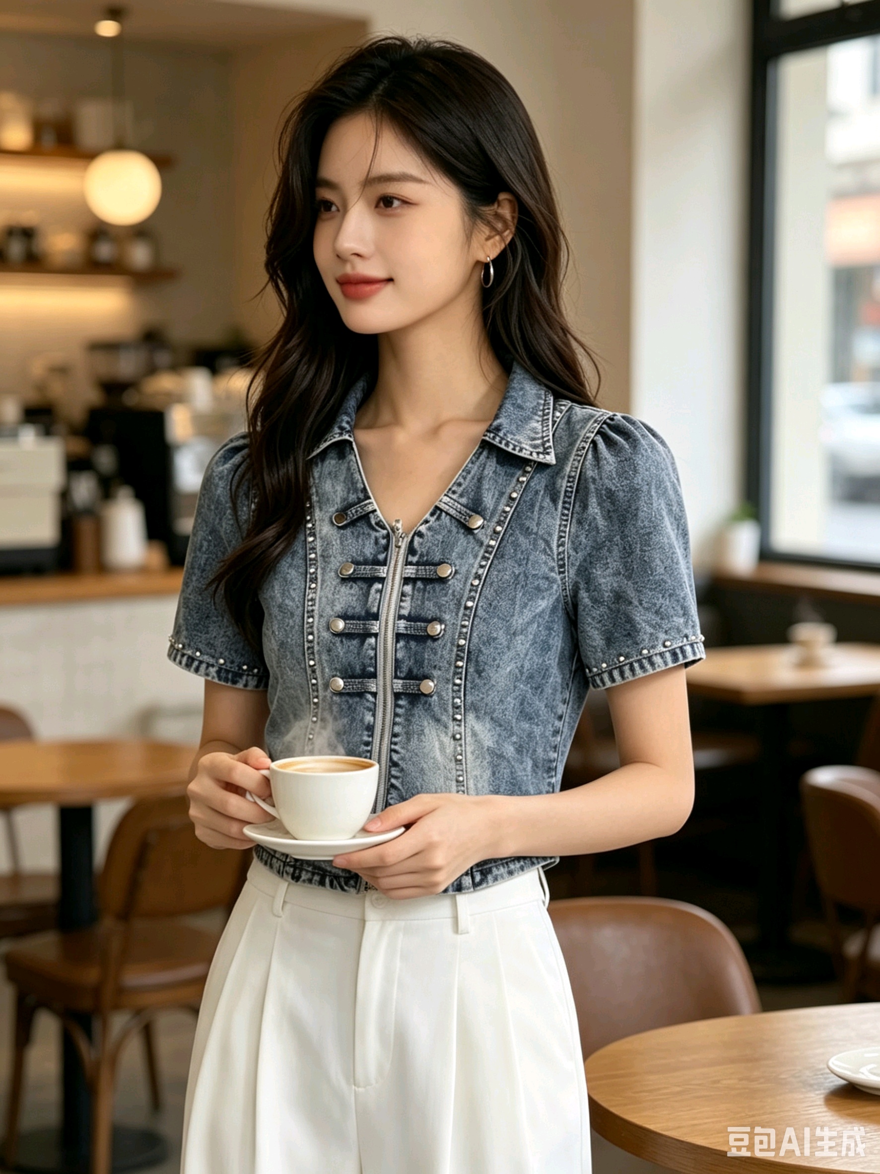 Korean Style Denim Shirt Jacket Short Sleeve Beaded Top for Women