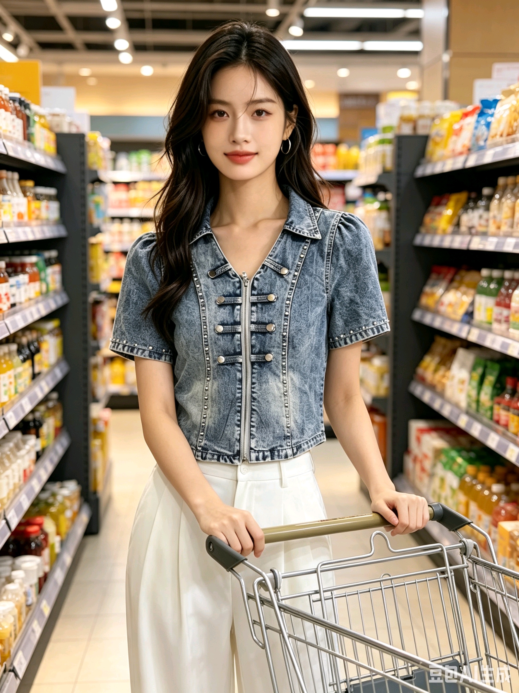 Korean Style Denim Shirt Jacket Short Sleeve Beaded Top for Women