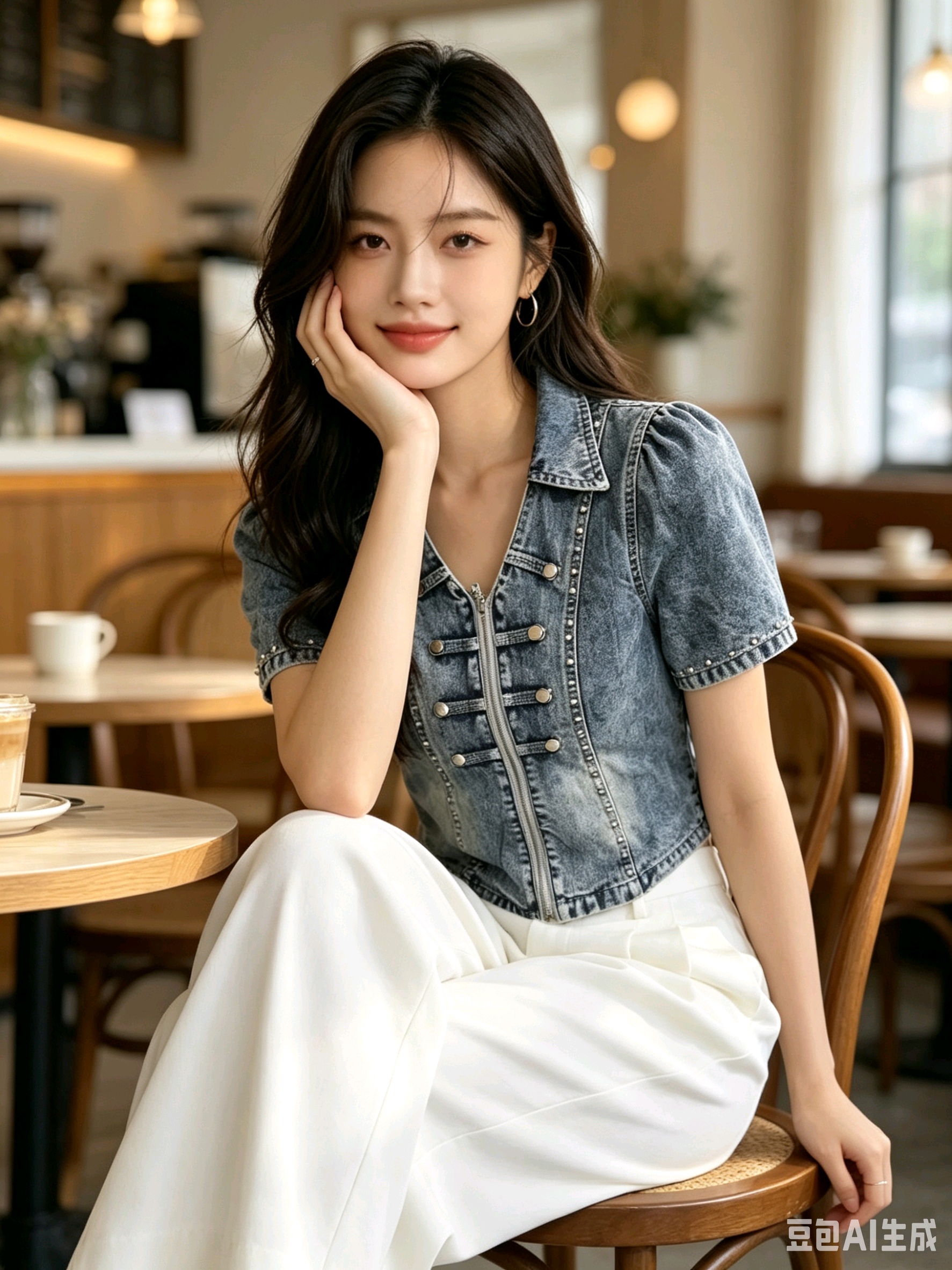 Korean Style Denim Shirt Jacket Short Sleeve Beaded Top for Women - Image 3