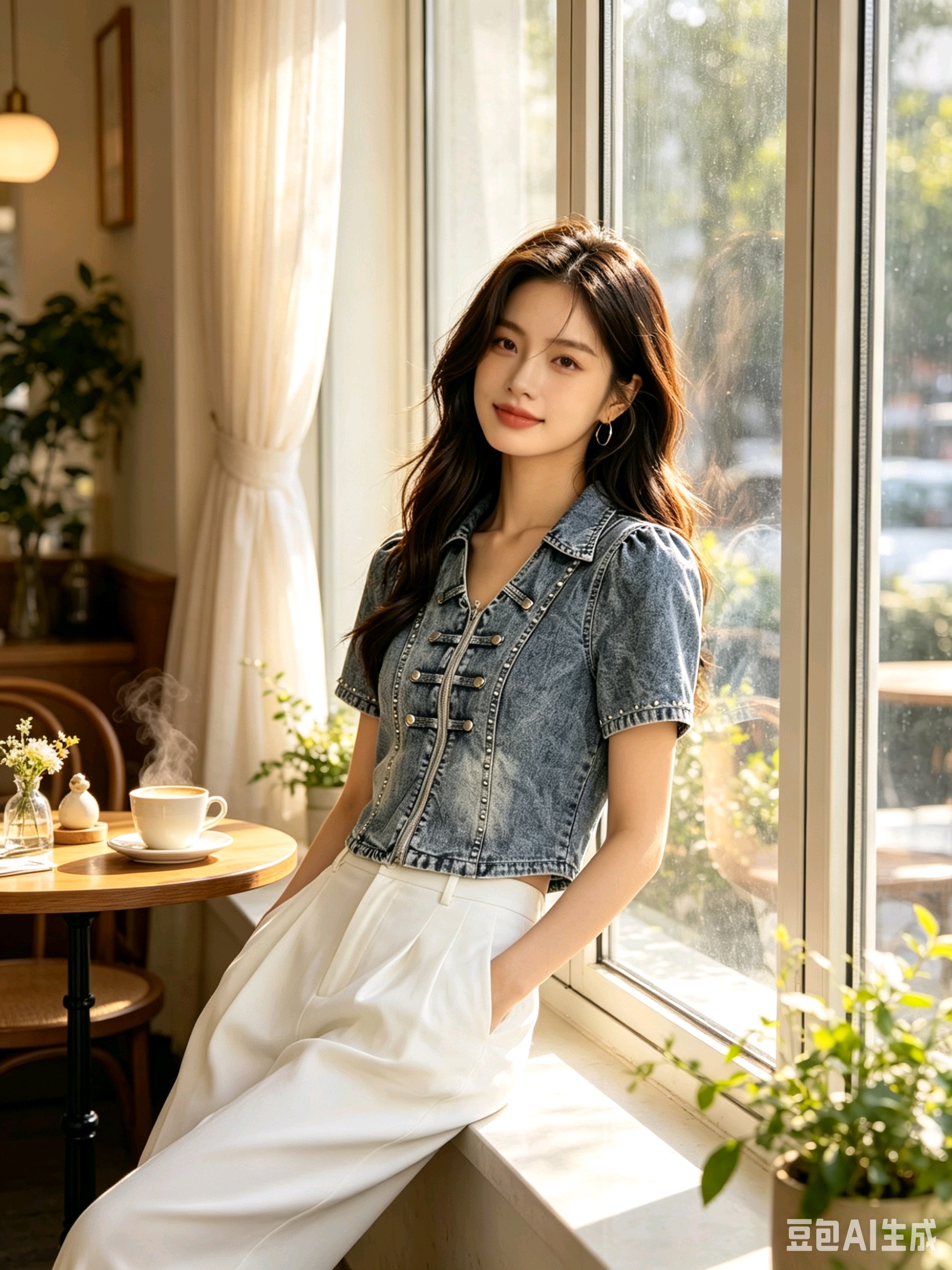 Korean Style Denim Shirt Jacket Short Sleeve Beaded Top for Women - Image 4