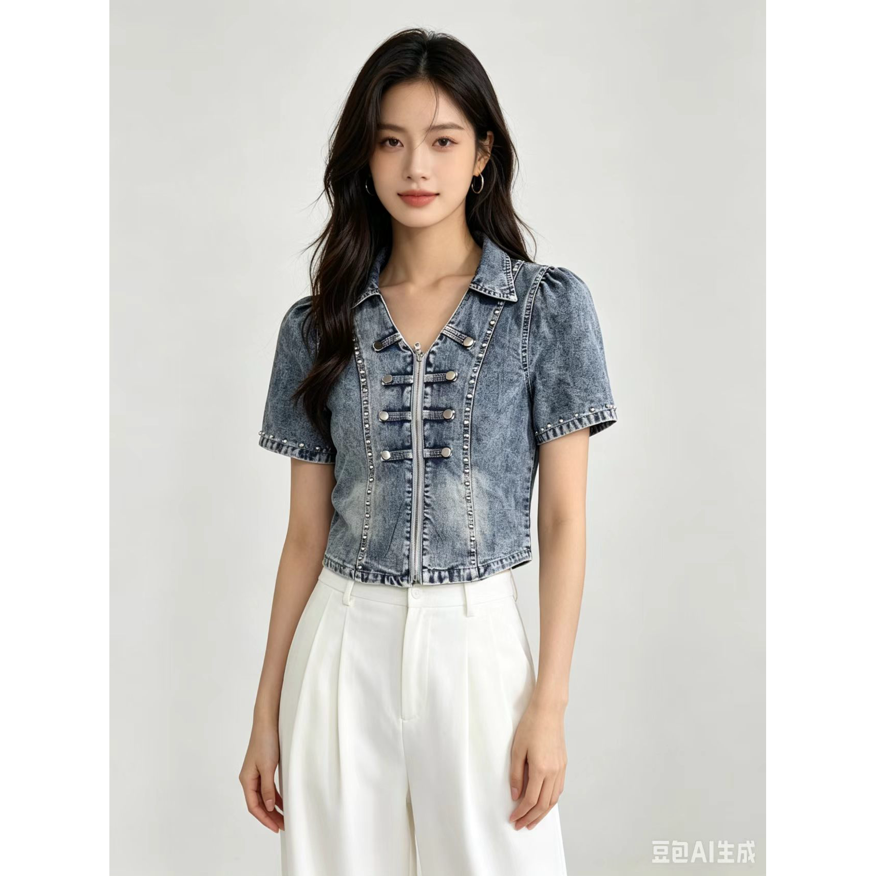 Korean Style Denim Shirt Jacket Short Sleeve Beaded Top for Women - Image 5