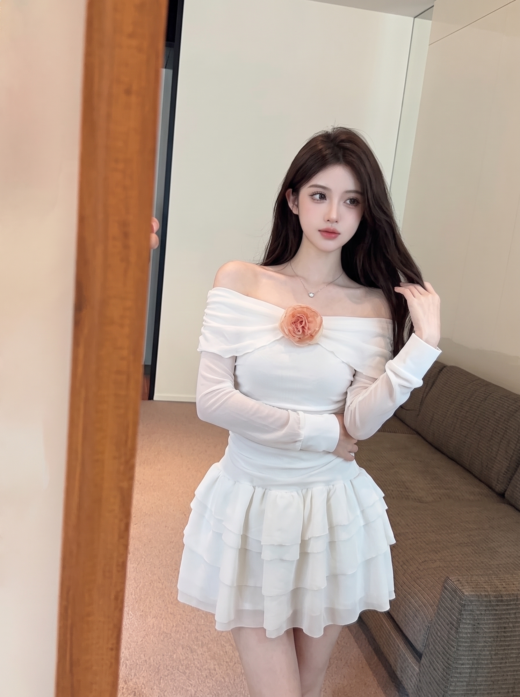 French Style White Off-Shoulder Mesh Dress Women Slim Fit Short A-Line Dress