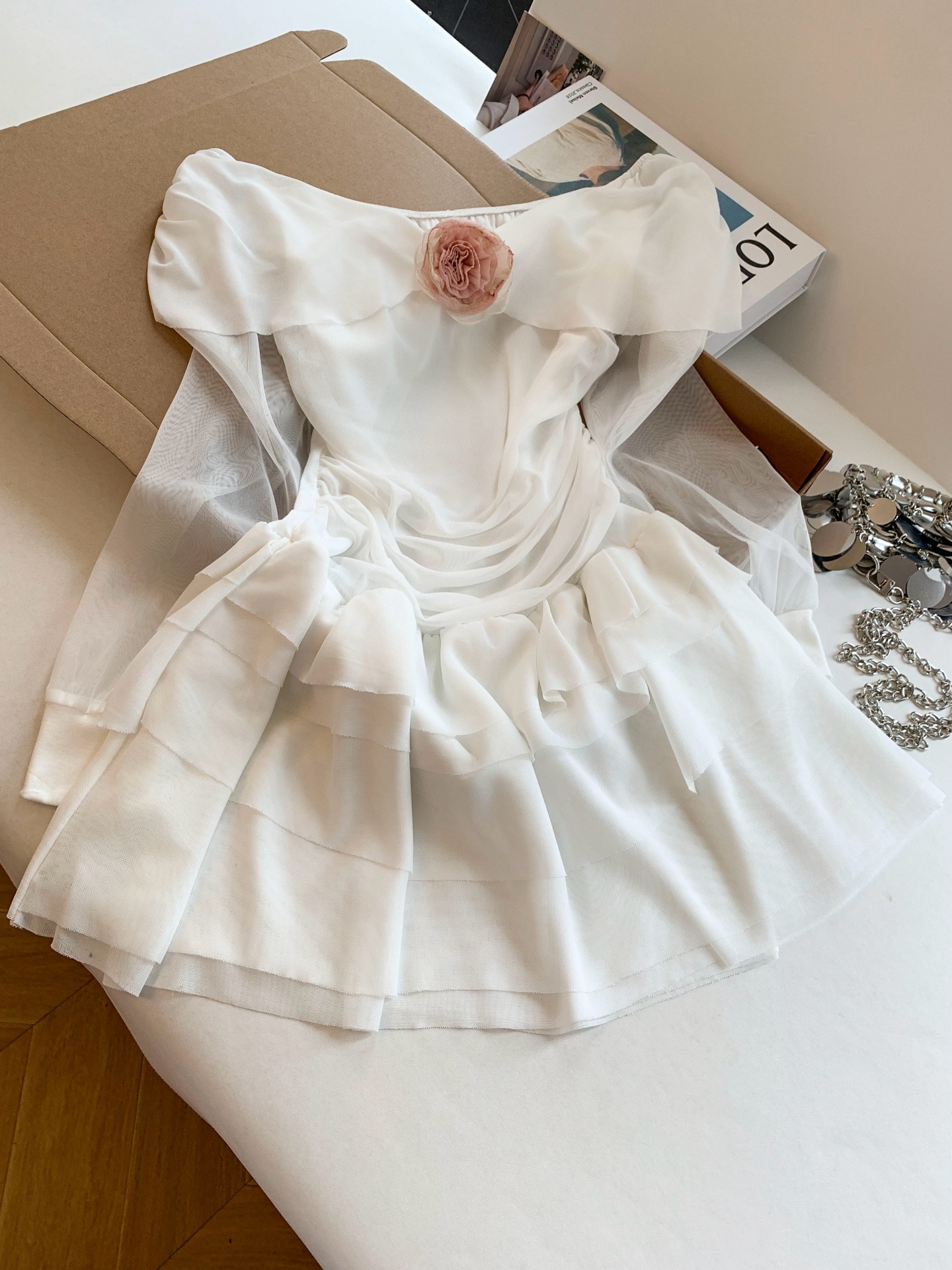 Women’s Long Sleeve A-Line Mini Dress with Pleats and Sheer Details