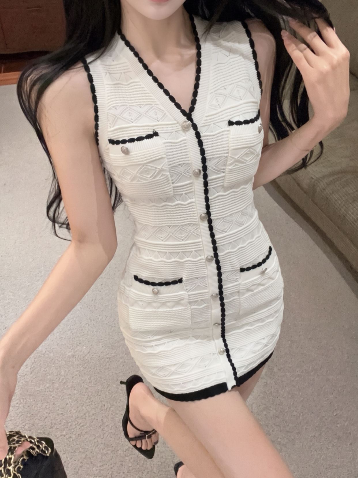 French Style V-Neck Knit Bodycon Dress for Women Summer Slim Fit Short Dress