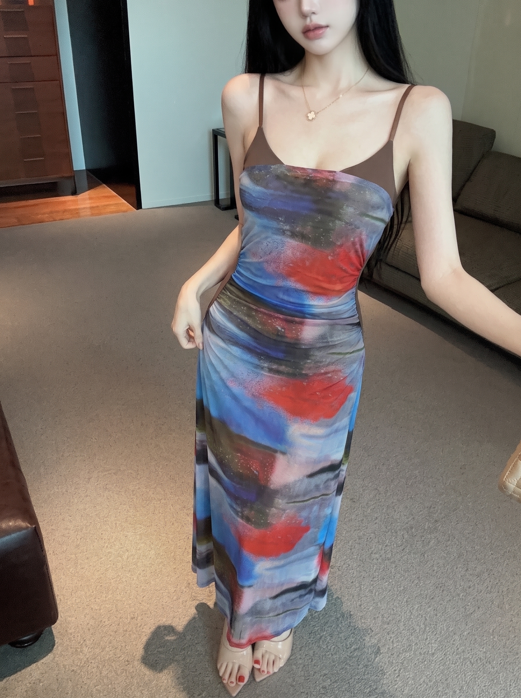 Elegant Sleeveless Mesh Slip Dress with Floral Splicing and Pleated Waist