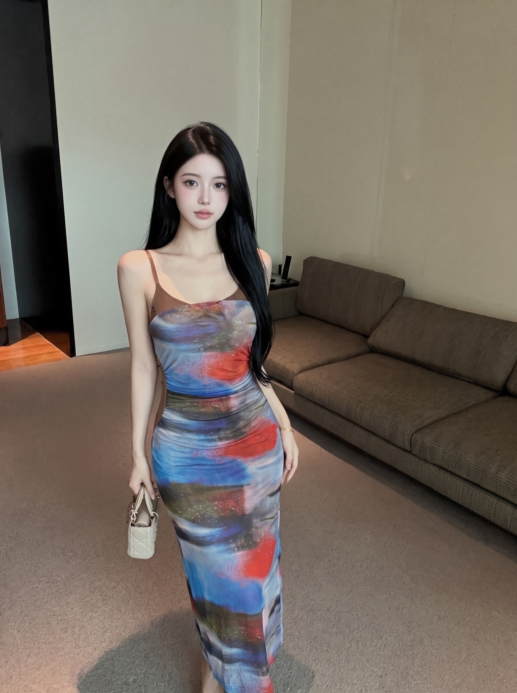 Elegant Sleeveless Mesh Slip Dress with Floral Splicing and Pleated Waist