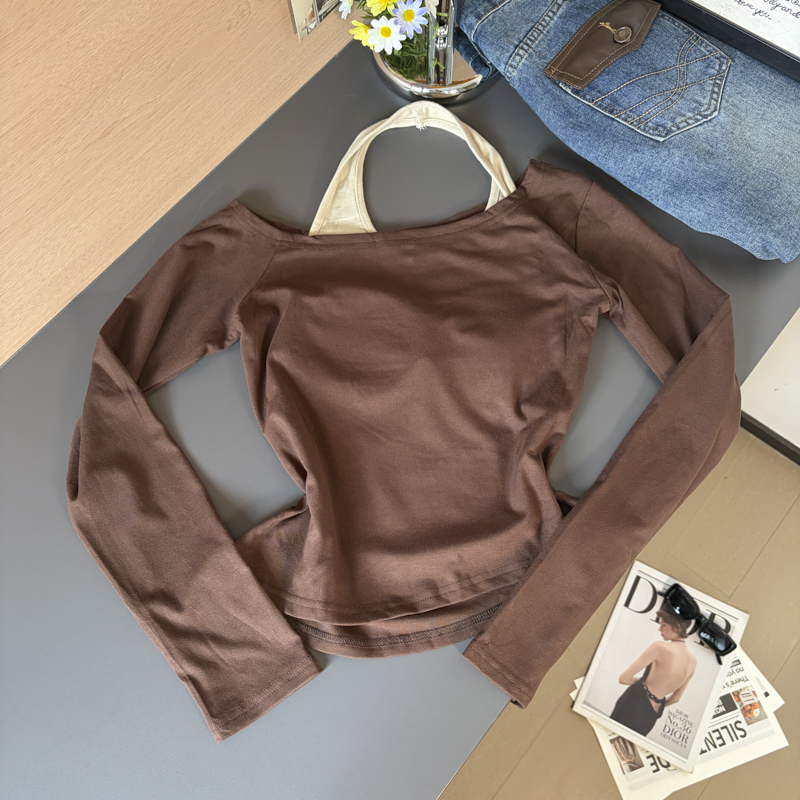 Women's Printed Halter Neck Long Sleeve Top with Built-in Bra Pads 2026 Fall - Style af60af - Image 3