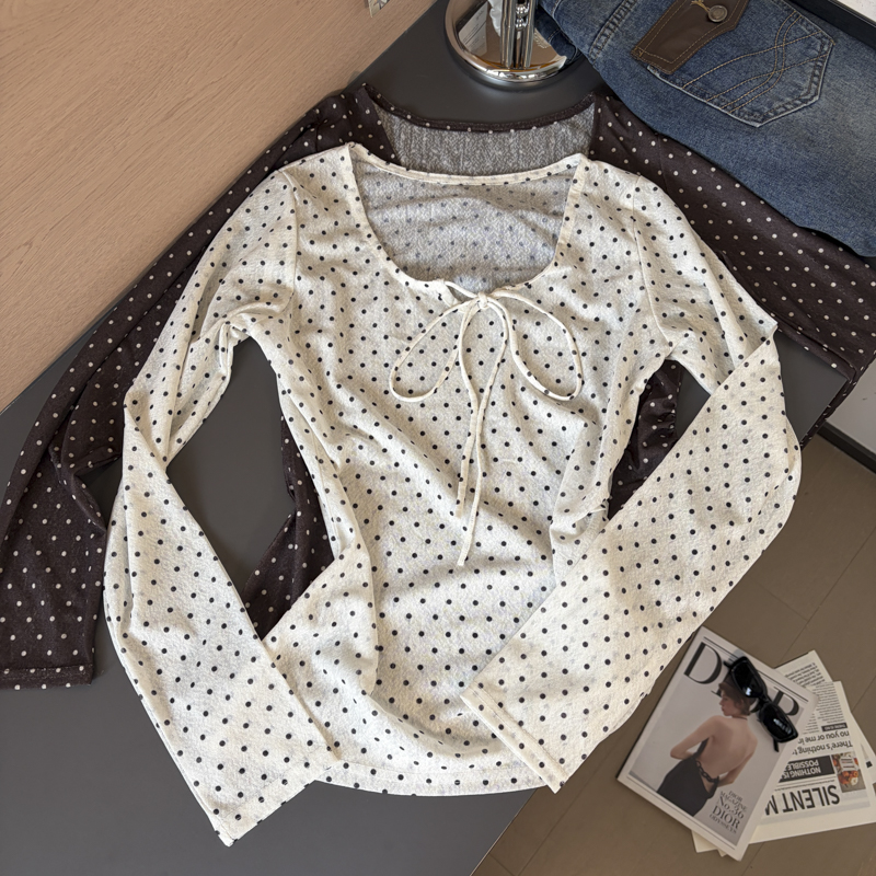 Korean Bow Polka Dot V-Neck Long Sleeve T-Shirt for Women 2026 Fall Sheer Mesh Layering Top