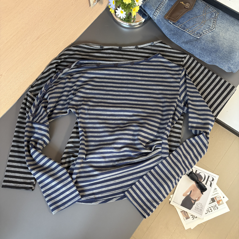 Women’s Striped One-Shoulder Button-Trim Long-Sleeve T-Shirt 2026 Fall Loose Pleated Waist Top