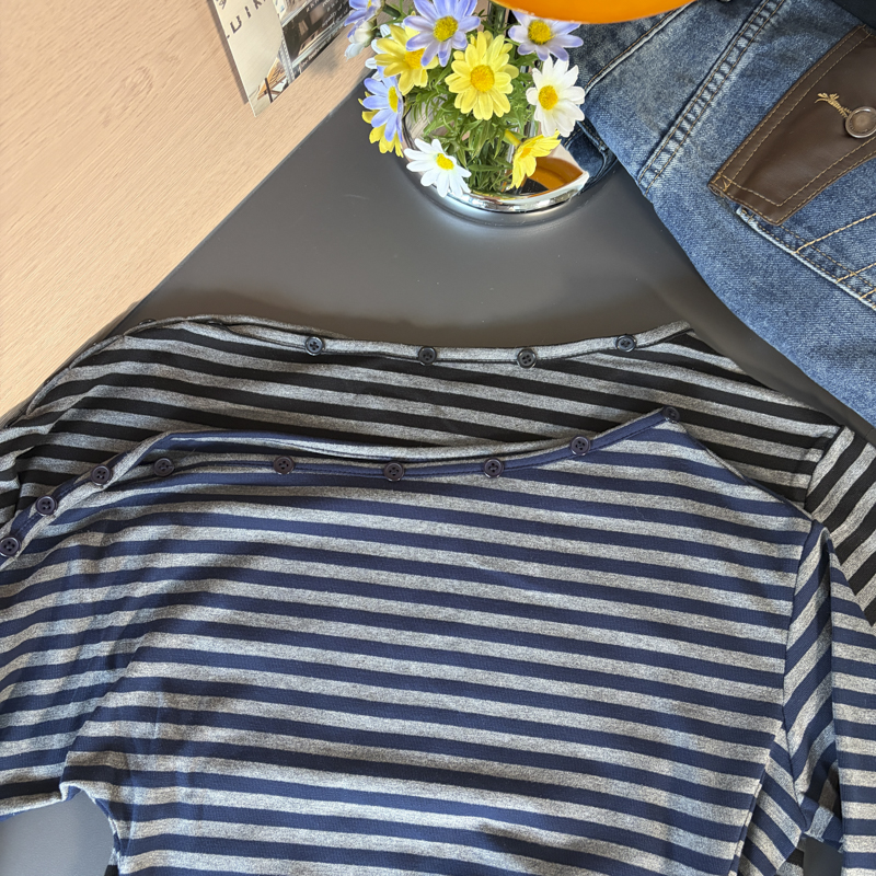 Women’s Striped One-Shoulder Button-Trim Long-Sleeve T-Shirt 2026 Fall Loose Pleated Waist Top