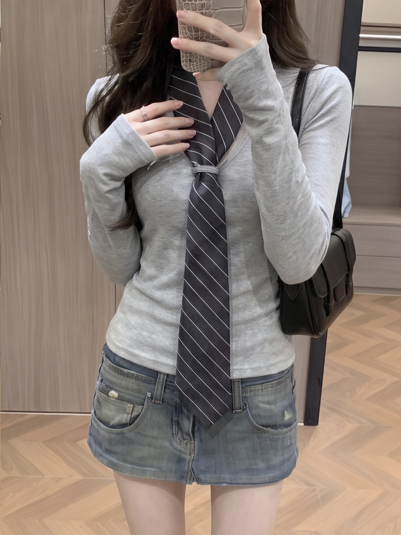 2026 Autumn V-Neck Solid Cotton Long Sleeve T-Shirt with Striped Tie Top for Women