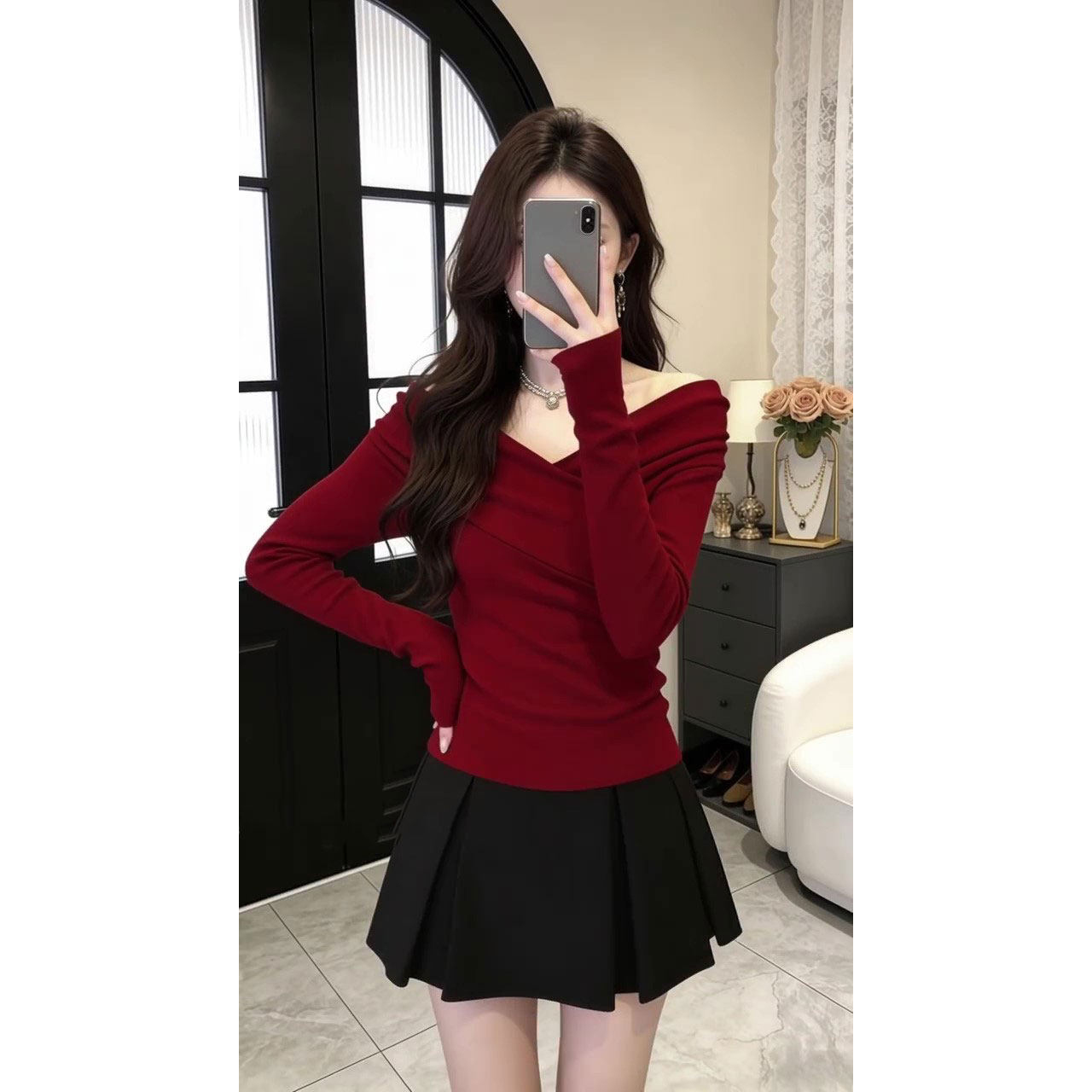 French Style Red Off-Shoulder V-Neck Long Sleeve Knit Top for Women - Image 5