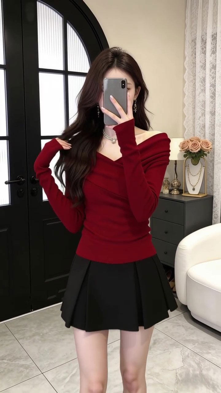 French Style Red Off-Shoulder V-Neck Long Sleeve Knit Top for Women