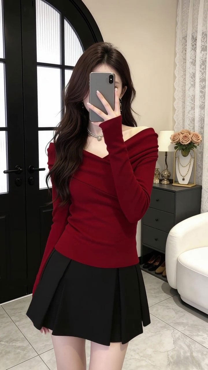 French Style Red Off-Shoulder V-Neck Long Sleeve Knit Top for Women - Image 3