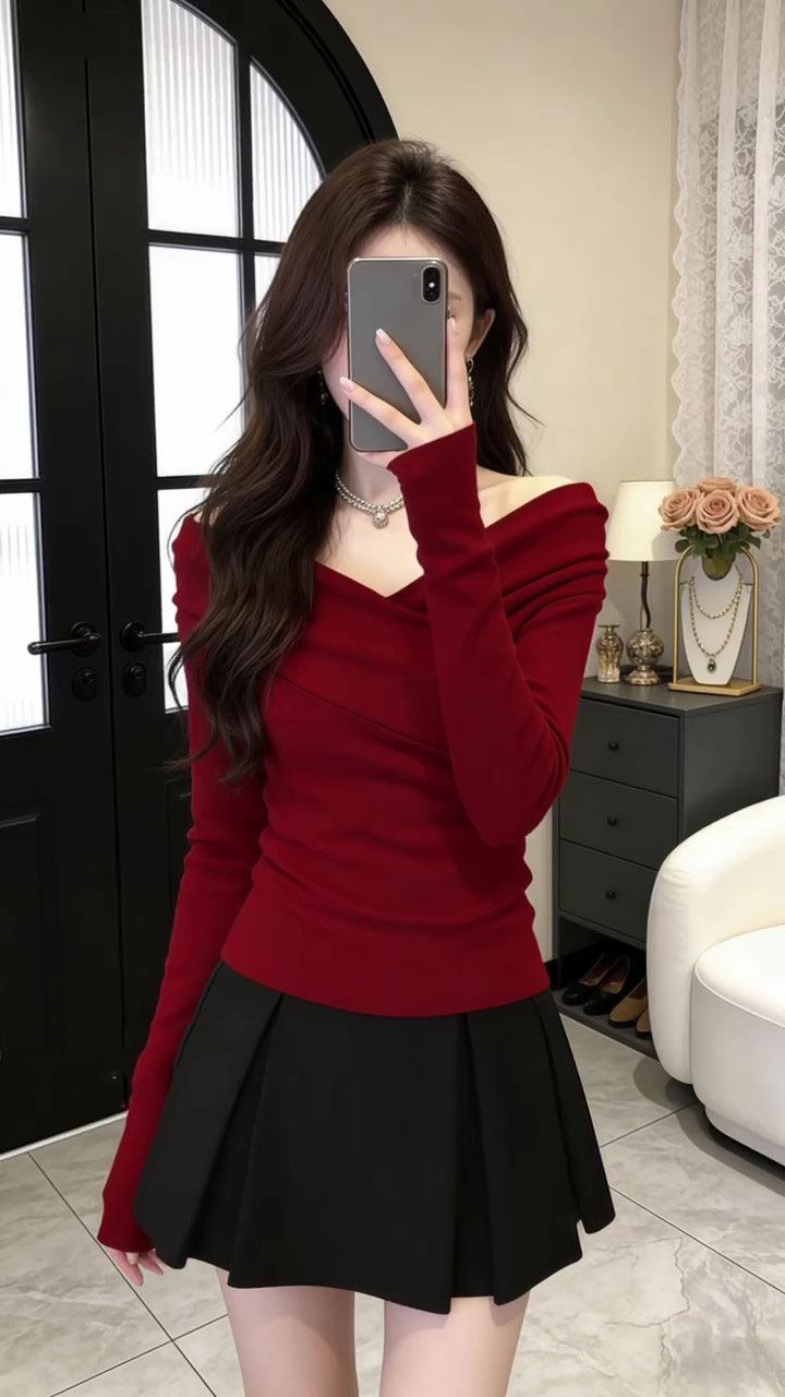 French Style Red Off-Shoulder V-Neck Long Sleeve Knit Top for Women