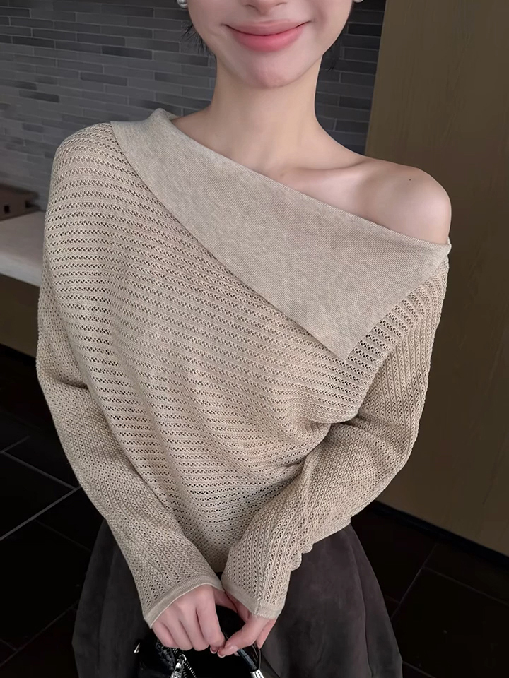Women’s Asymmetric Off-Shoulder Cutout Knit Top Fall 2026 Loose Long Sleeve – Style 3d4f48
