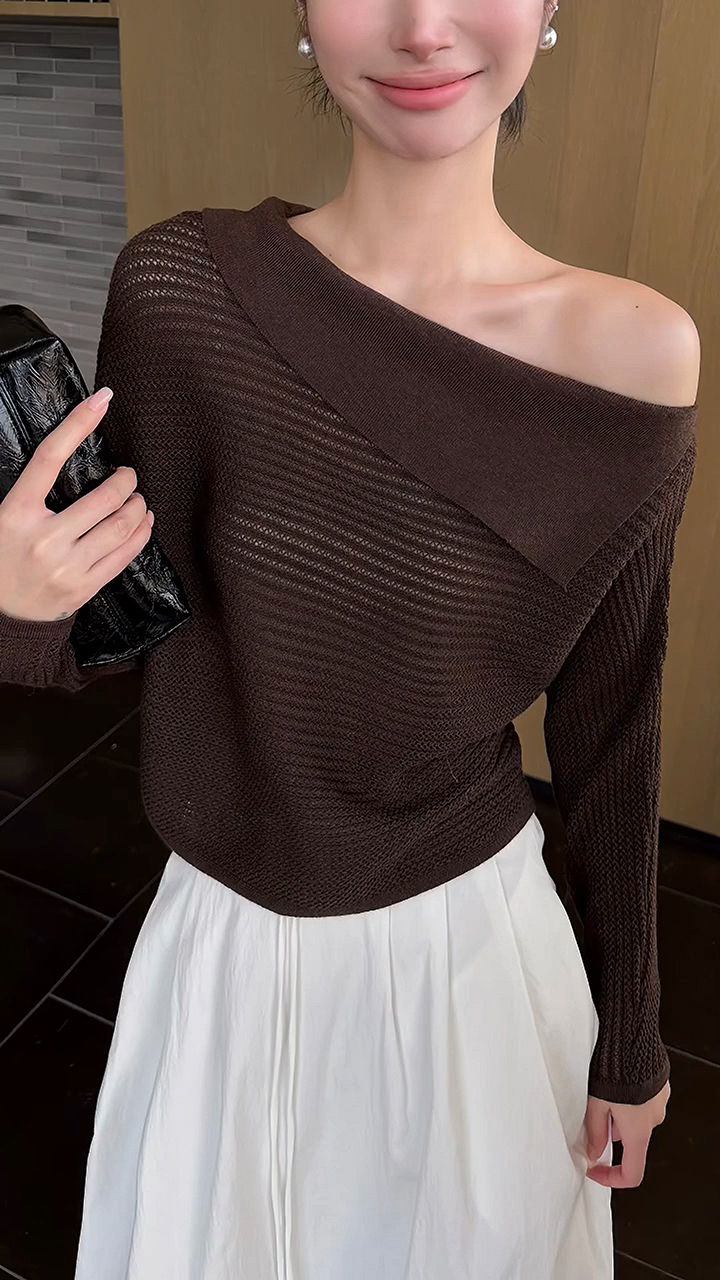 Women’s Asymmetric Off-Shoulder Cutout Knit Top Fall 2026 Loose Long Sleeve – Style 3d4f48