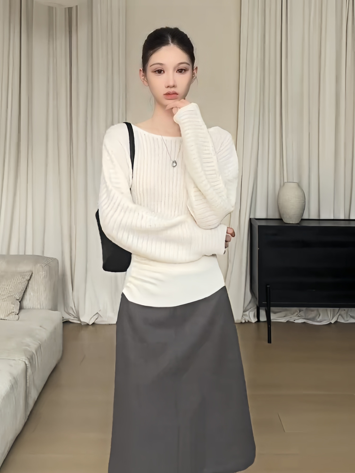 Off-Shoulder Knit Sweater for Women French Style Long Sleeve Top - Image 3