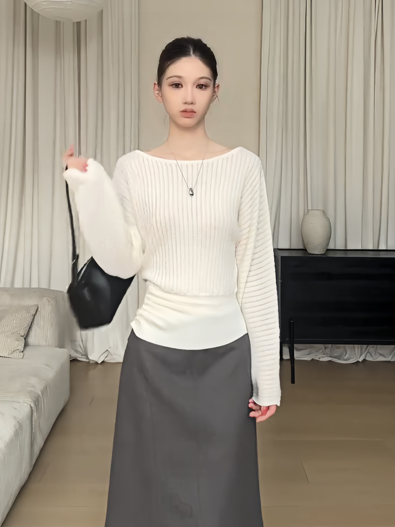Off-Shoulder Knit Sweater for Women French Style Long Sleeve Top - Image 2