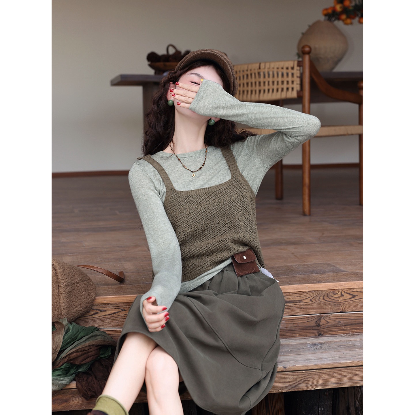 Korean Hollow Knit Cami Two-Piece Layering Top in Gray Green - Style 6b4d18 - Image 5