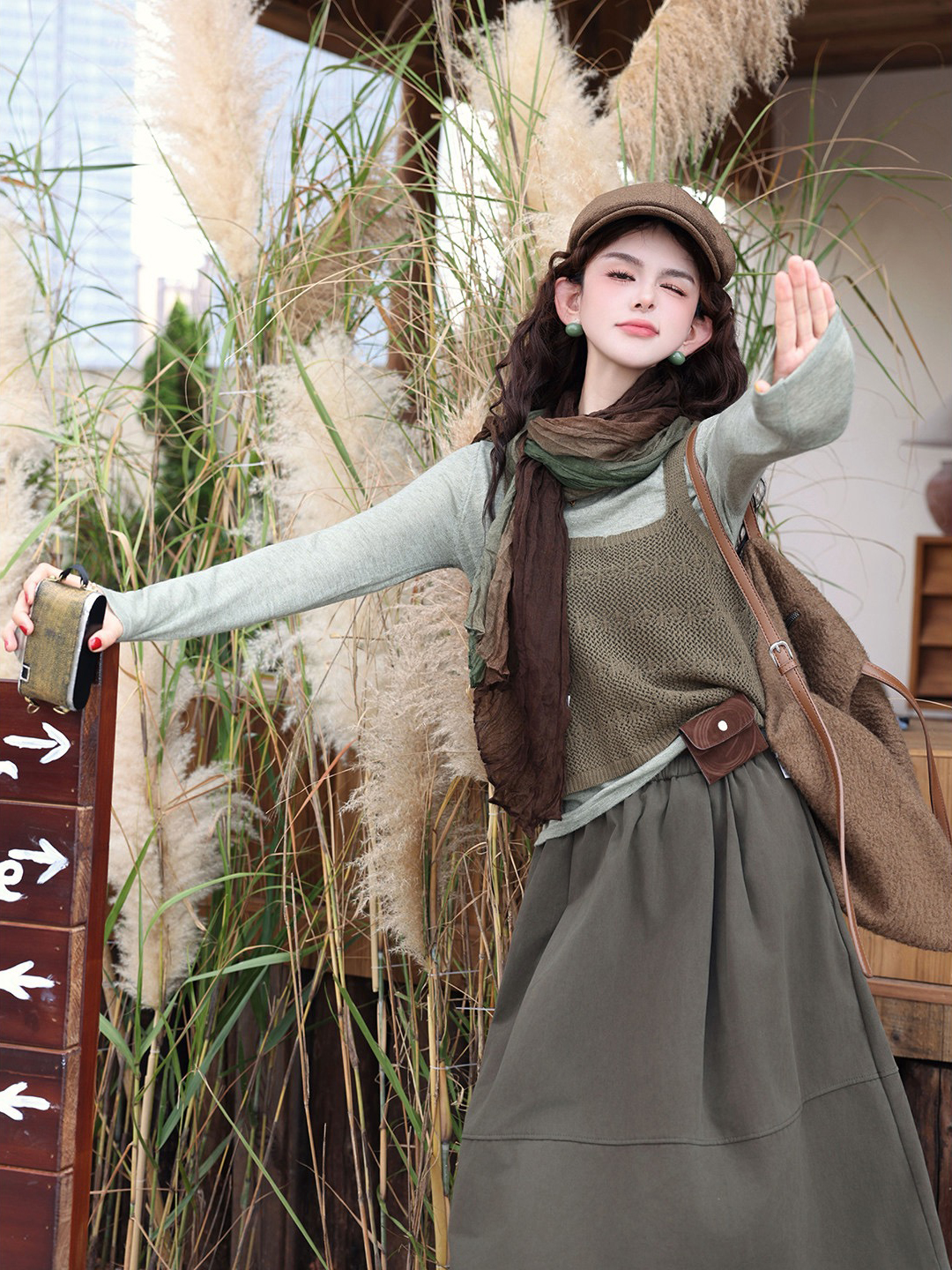 Korean Hollow Knit Cami Two-Piece Layering Top in Gray Green – Style 6b4d18