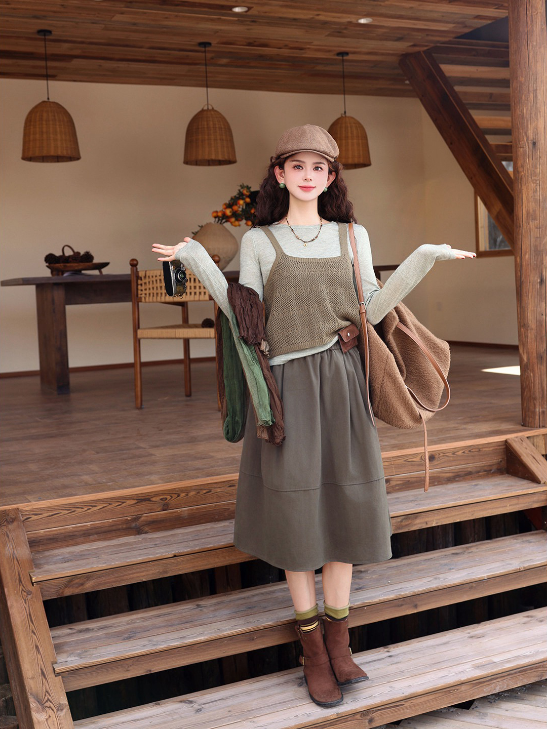 Korean Hollow Knit Cami Two-Piece Layering Top in Gray Green - Style 6b4d18 - Image 4