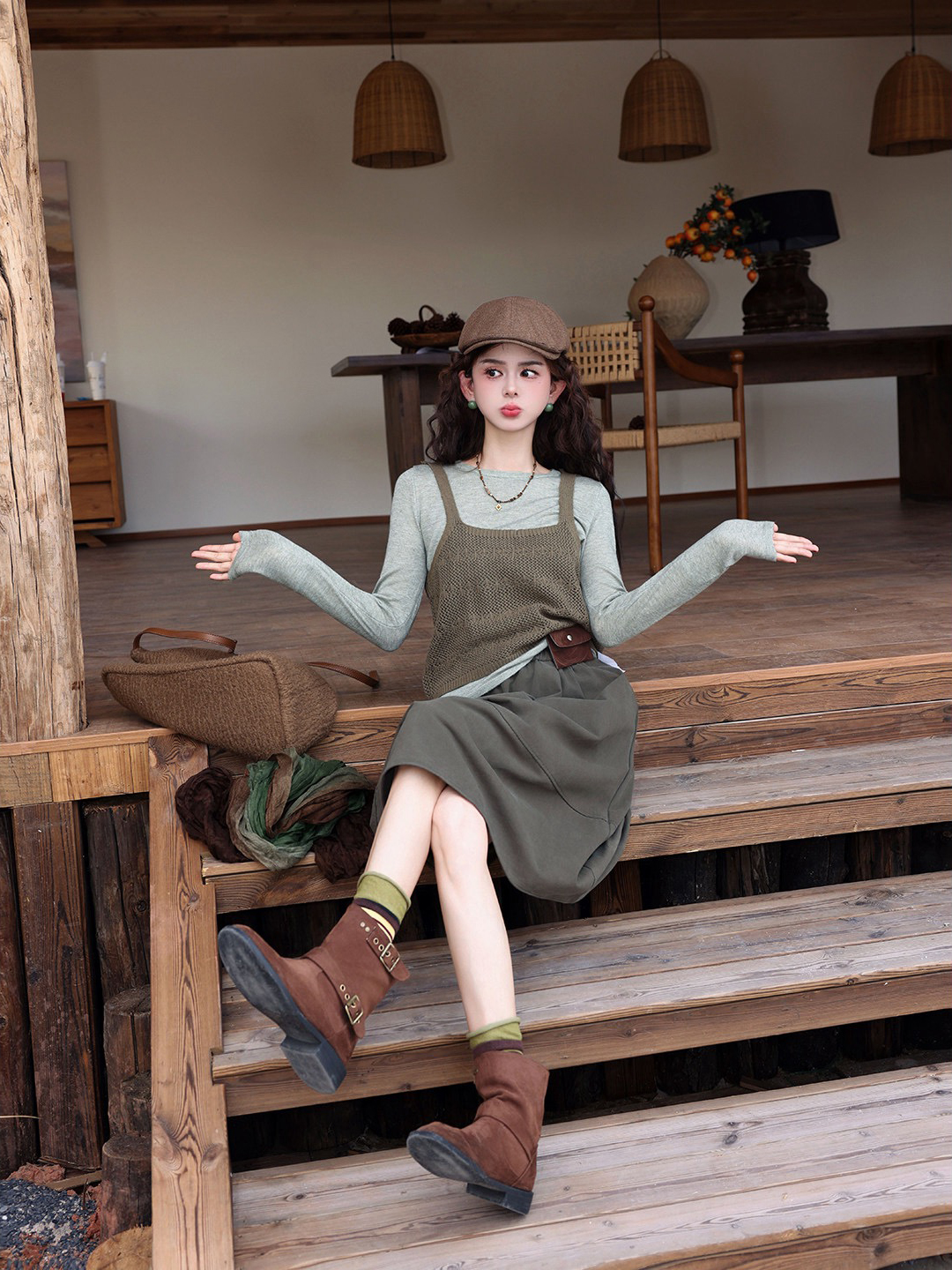 Korean Hollow Knit Cami Two-Piece Layering Top in Gray Green - Style 6b4d18 - Image 3