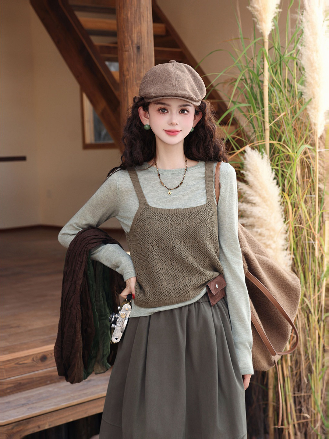 Korean Hollow Knit Cami Two-Piece Layering Top in Gray Green – Style 6b4d18